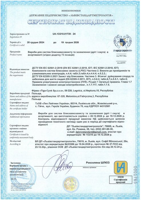  Сертифікат відповідності на продукцію Tiga-Cynk (Польща)