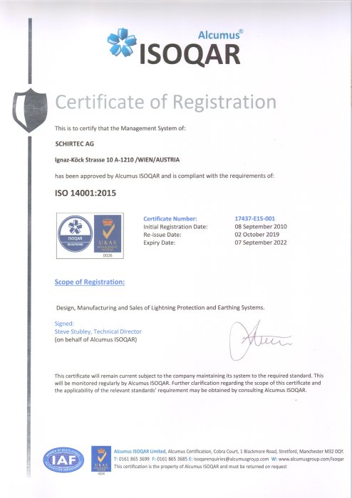 Сертифікат ISO 14001:2015 на продукцію SCHIRTEC AG™ (Австрія)
