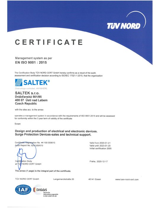 Сертифікат EN ISO 9001:2015 на продукцію SALTEK™ (Чехія)