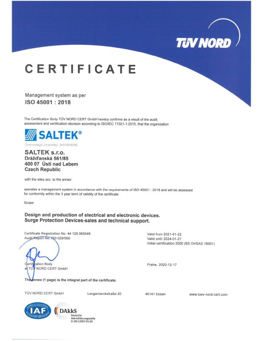Сертифікат ISO 45001:2018 на продукцію SALTEK™ (Чехія)