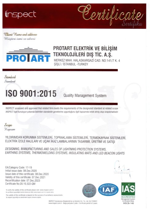 Сертифікат ISO 9001:2015 на продукцію PROTART™ (Туреччина)