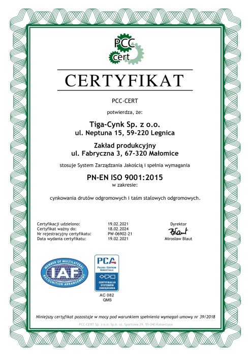 Сертифікат PN-EN ISO 9001:2015 на продукцію Tiga-Cynk (Польща)