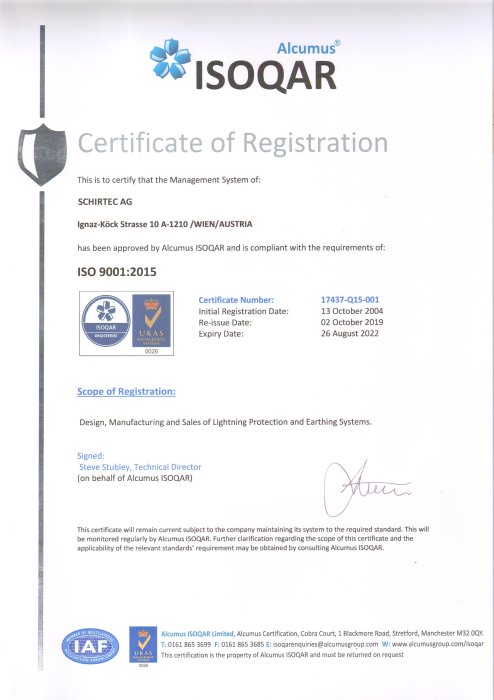 Сертифікат ISO 9001:2015 на продукцію SCHIRTEC AG™ (Австрія)