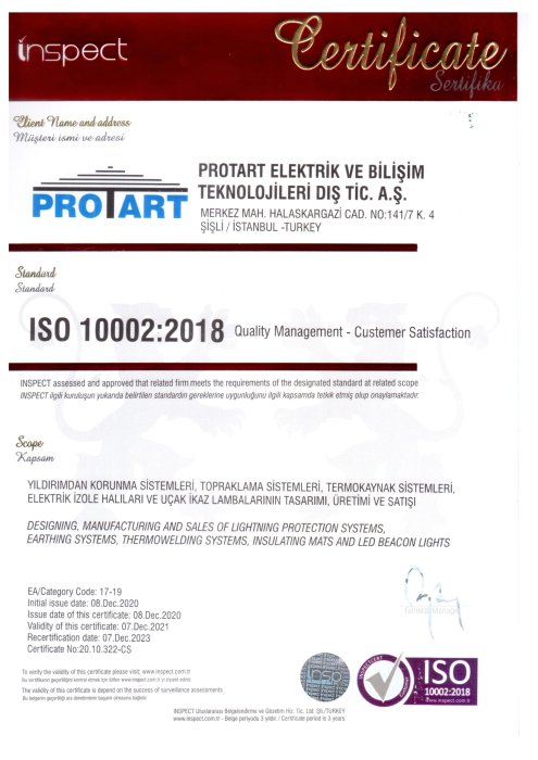 Сертифікат ISO 10002:2018 на продукцію PROTART™ (Туреччина)